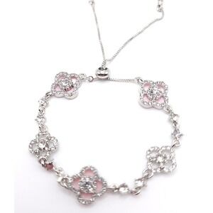 Rhodium Plated Zircon Clover Bracelet Women's Silver Pink Adjustable Jewelry